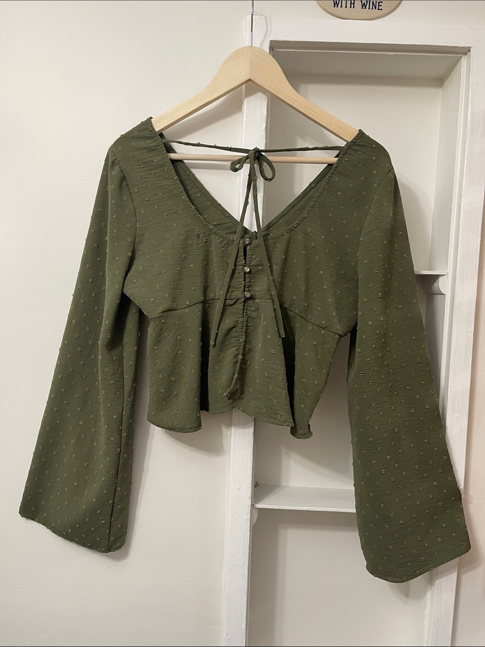 Altar’d State Swiss Dot Tie Front CropTop Bell Sleeve olive green Y2K babydoll M - Picture 16 of 16